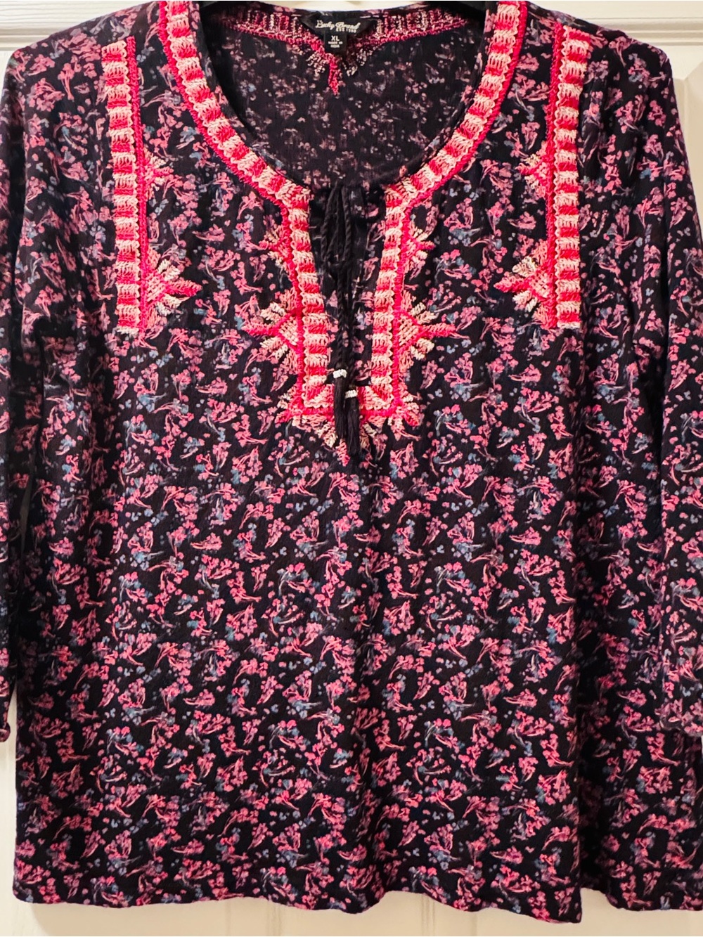 Lucky Brand Black Tunic with Pink Embroidered Yoke